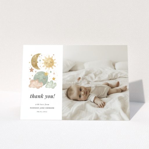 Baby thank you card design featuring celestial illustrations and one baby photo.