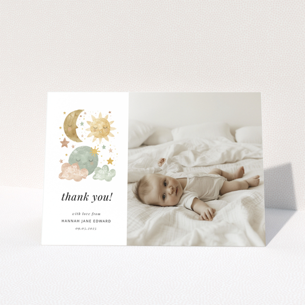 Baby thank you card design featuring celestial illustrations and one baby photo.