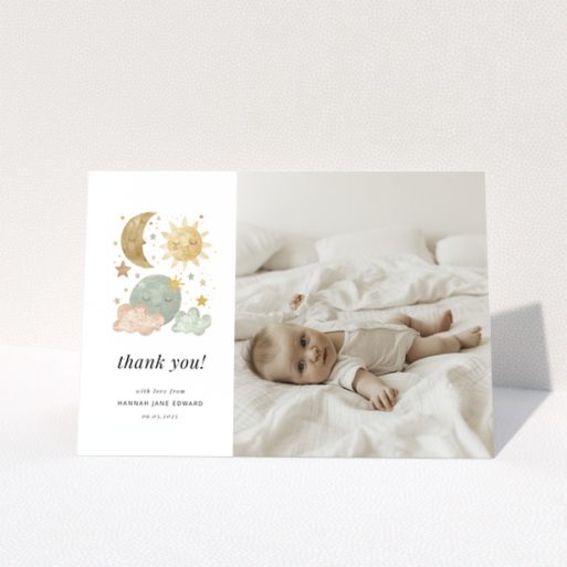 Baby thank you card design featuring celestial illustrations and one baby photo.