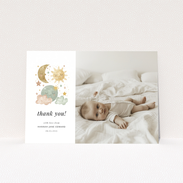 Baby thank you card design featuring celestial illustrations and one baby photo.
