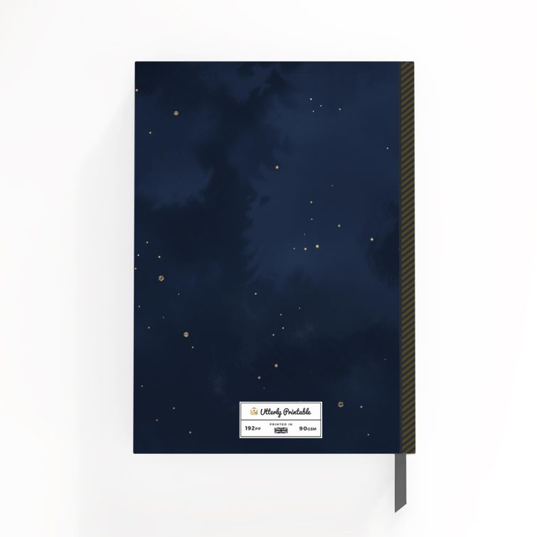 Starry night-themed notebook cover design with one illustrative photo on the front, by Utterly Printable.