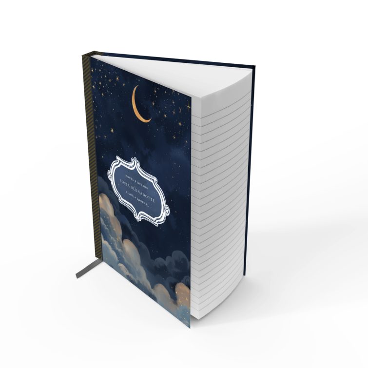 Starry night-themed notebook cover design with one illustrative photo on the front, by Utterly Printable.