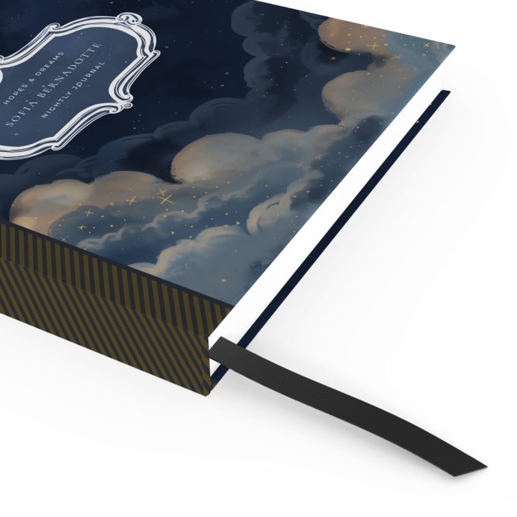 Starry night-themed notebook cover design with one illustrative photo on the front, by Utterly Printable.