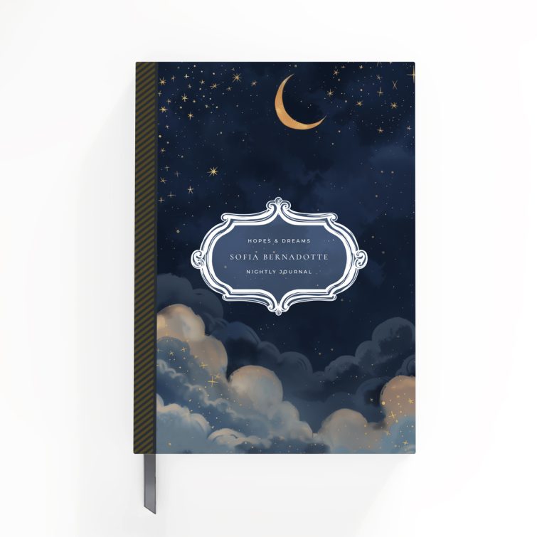 Starry night-themed notebook cover design with one illustrative photo on the front, by Utterly Printable.