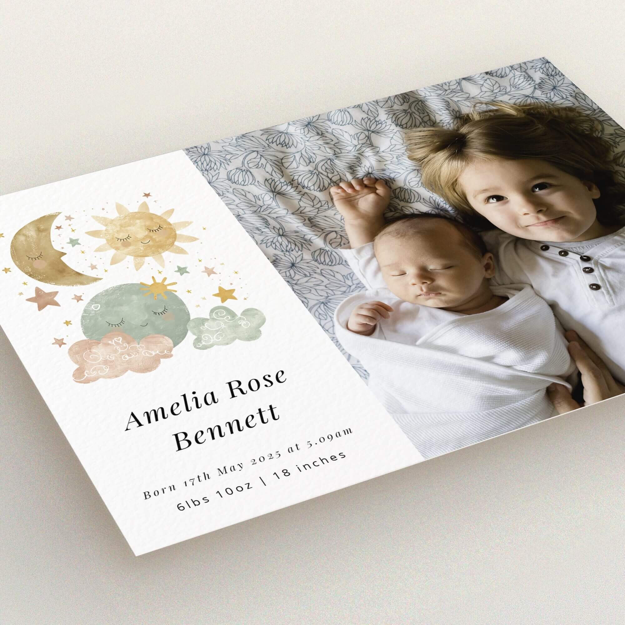 Whimsical moon and stars birth announcement card featuring a photo of two children lying down