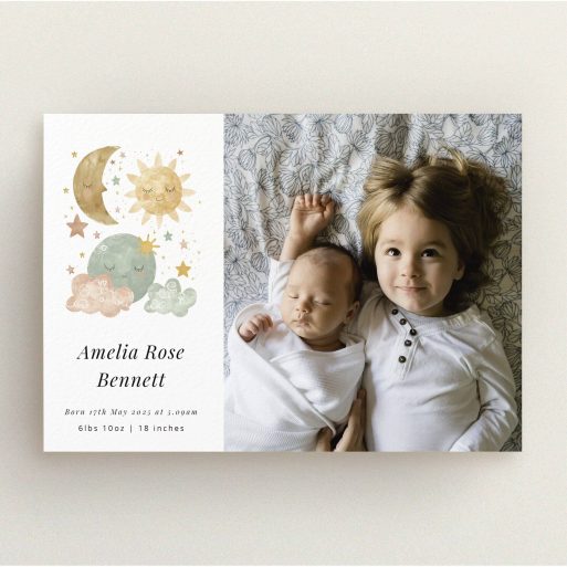 Whimsical moon and stars birth announcement card featuring a photo of two children lying down