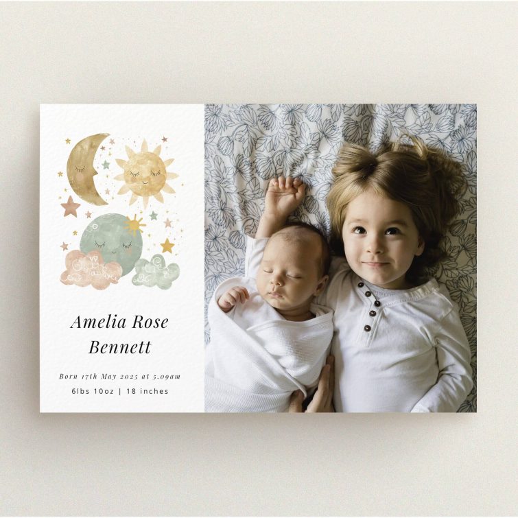 Whimsical moon and stars birth announcement card featuring a photo of two children lying down