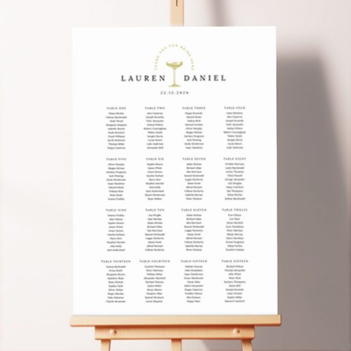 Champagne Dreams Seating Plan featuring a gold champagne coup in the top middle, adding an elegant touch to your wedding reception.. This template has 16 tables.