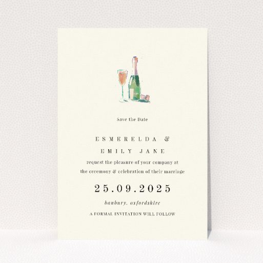 Champagne Fountain Save the Date A6 Card - Whimsical and celebratory wedding invitation featuring a sketched illustration of a champagne fountain in delicate greyscale This is a view of the front