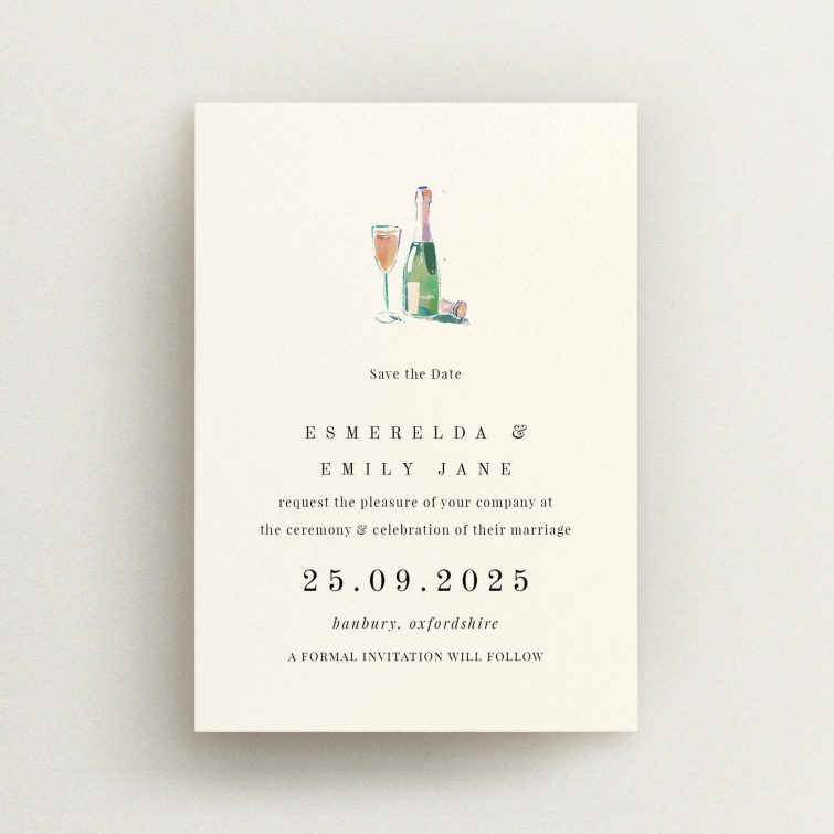Champagne Fountain Save the Date A6 Card - Whimsical and celebratory wedding invitation featuring a sketched illustration of a champagne fountain in delicate greyscale This is a view of the front