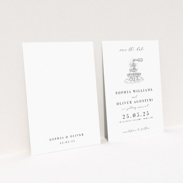 Champagne Fountain A6 Save the Date Card - Wedding stationery featuring sketched illustration of champagne fountain symbolizing joy and celebration, promising a sophisticated and festive event This is a view of the back