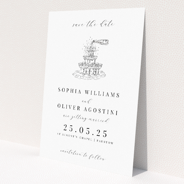 Champagne Fountain A6 Save the Date Card - Wedding stationery featuring sketched illustration of champagne fountain symbolizing joy and celebration, promising a sophisticated and festive event This is a view of the front