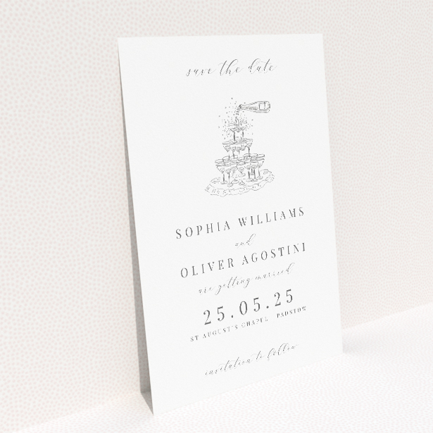 Champagne Fountain A6 Save the Date Card - Wedding stationery featuring sketched illustration of champagne fountain symbolizing joy and celebration, promising a sophisticated and festive event This is a view of the back