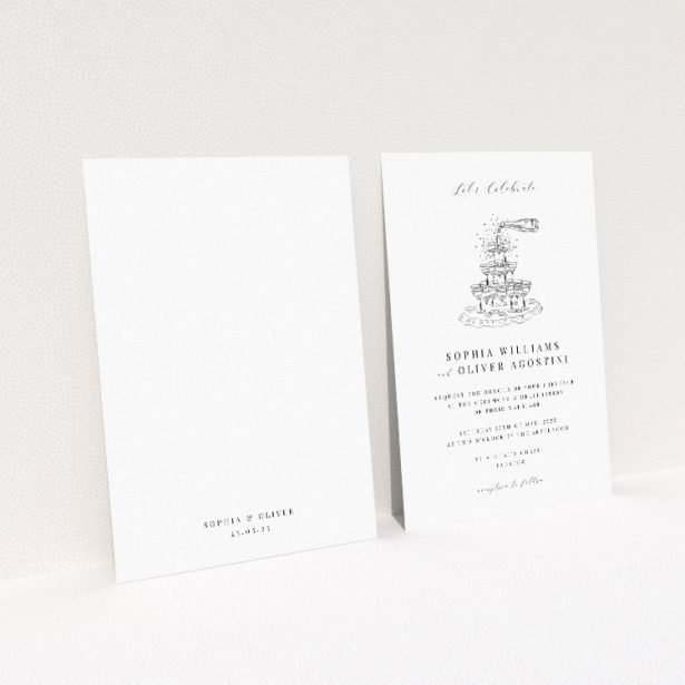 Champagne Fountain wedding invitation - A5 size - celebrates with cascading champagne fountain illustration, elegant monochrome design, and sophisticated simplicity This image shows the front and back sides together