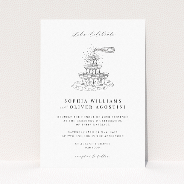 Champagne Fountain wedding invitation - A5 size - celebrates with cascading champagne fountain illustration, elegant monochrome design, and sophisticated simplicity This is a view of the front