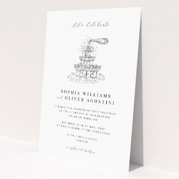 Champagne Fountain wedding invitation - A5 size - celebrates with cascading champagne fountain illustration, elegant monochrome design, and sophisticated simplicity This image shows the front and back sides together