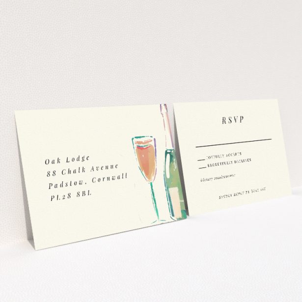 RSVP card from the Champagne Toast suite with whimsical watercolour illustration of champagne flutes and a bottle, set in splashes of green, gold, and peach. This is a view of the back