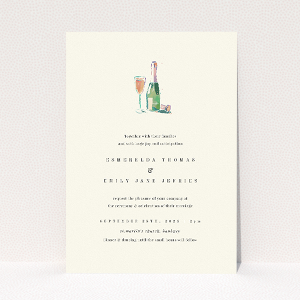 Champagne Toast wedding invitation featuring whimsical watercolour illustration of champagne flutes and bottle, capturing celebratory spirit and anticipation of a joyful wedding celebration filled with love and happiness.