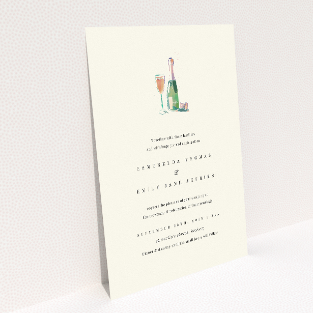 Champagne Toast wedding invitation featuring whimsical watercolour illustration of champagne flutes and bottle, capturing celebratory spirit and anticipation of a joyful wedding celebration filled with love and happiness.