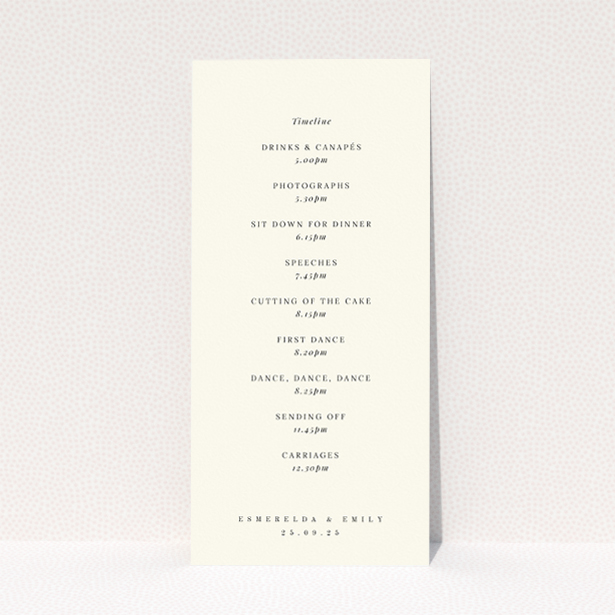 "Champagne Toast wedding menu - Utterly Printable - Watercolour champagne flutes and playful handwritten fonts in green, gold, and peach radiate celebratory charm for a sparkling wedding celebration.". This is a view of the back