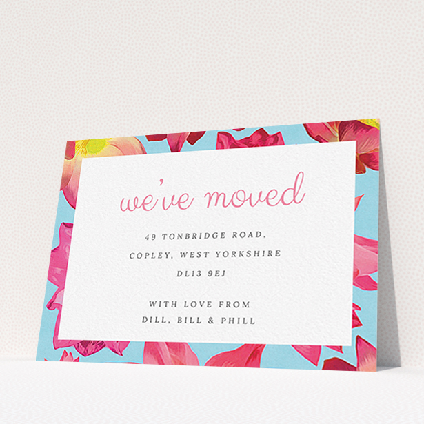 A change of address card design named "A splash of blossom". It is an A6 card in a landscape orientation. "A splash of blossom" is available as a flat card, with tones of light blue, hot pink and yellow.