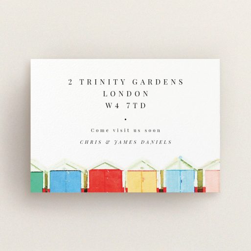 Change Of Address Card Design - "A vision of huts" A change of address card design called "A vision of huts". It is an A6 card in a landscape orientation. "A vision of huts" is available as a flat card, with tones of white and light blue.