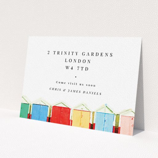 A change of address card design called 'A vision of huts'. It is an A6 card in a landscape orientation. 'A vision of huts' is available as a flat card, with tones of white and light blue.