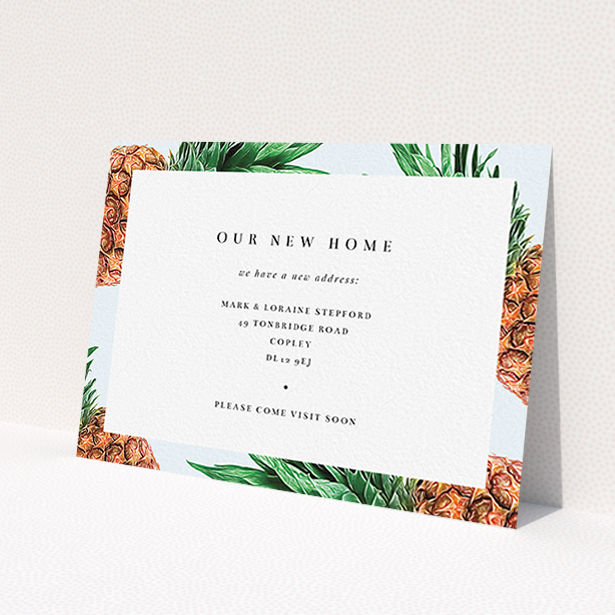 A change of address card named 'Amongst the Pine'. It is an A6 card in a landscape orientation. 'Amongst the Pine' is available as a flat card, with tones of blue, green and brown.