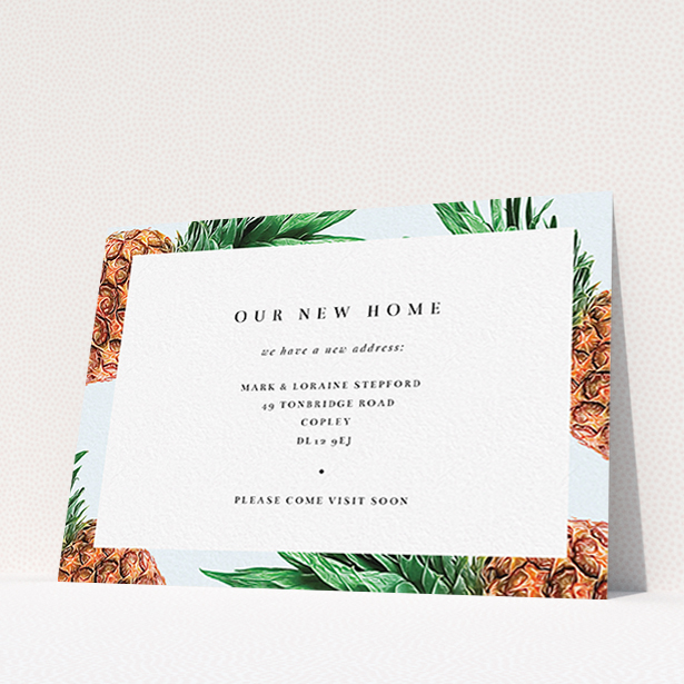 A change of address card named "Amongst the Pine". It is an A6 card in a landscape orientation. "Amongst the Pine" is available as a flat card, with tones of blue, green and brown.