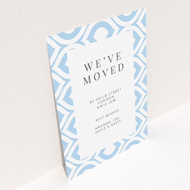 A change of address card design called "Arabic Pastel". It is an A6 card in a portrait orientation. "Arabic Pastel" is available as a flat card, with tones of blue and white.