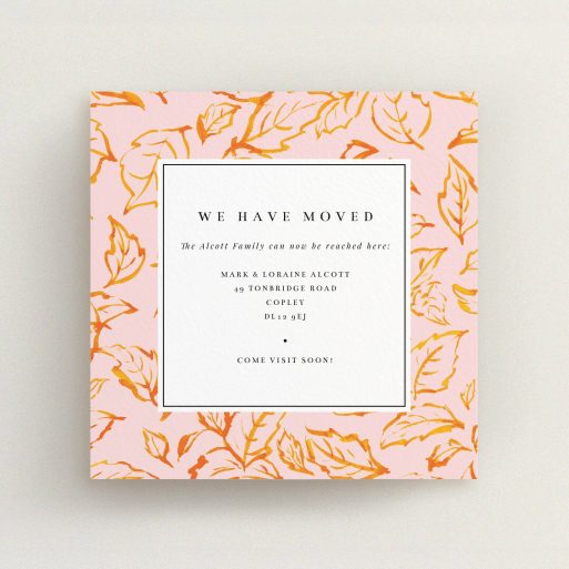Change Of Address Card Design - "Autumn Move" A change of address card template titled "Autumn Move". It is a square (148mm x 148mm) card in a square orientation. "Autumn Move" is available as a flat card, with tones of pink and orange.