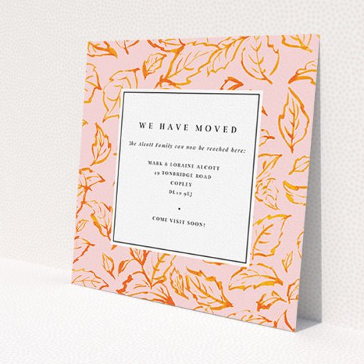 A change of address card template titled 'Autumn Move'. It is a square (148mm x 148mm) card in a square orientation. 'Autumn Move' is available as a flat card, with tones of pink and orange.
