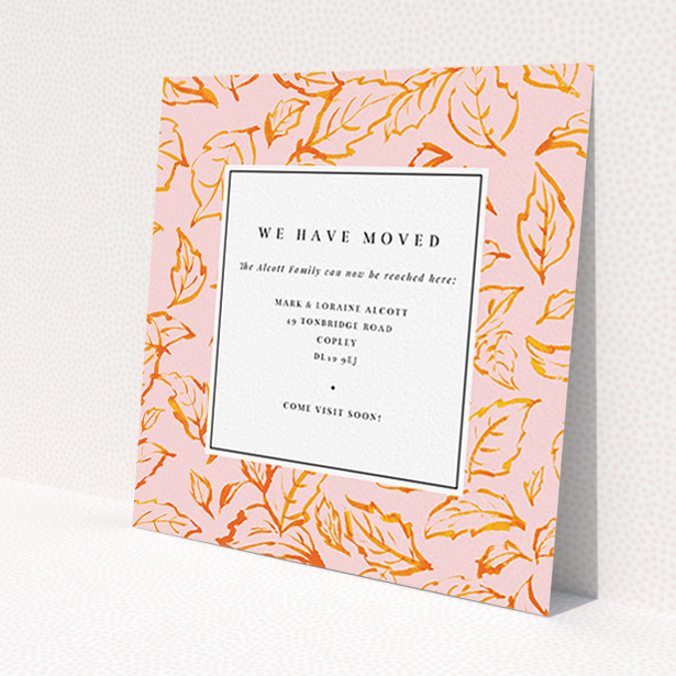 A change of address card template titled "Autumn Move". It is a square (148mm x 148mm) card in a square orientation. "Autumn Move" is available as a flat card, with tones of pink and orange.