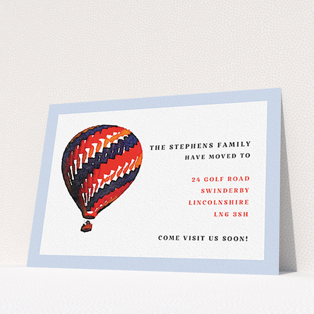 A change of address card design titled "Balloon Drift". It is an A6 card in a landscape orientation. "Balloon Drift" is available as a flat card, with tones of white, light blue and red.