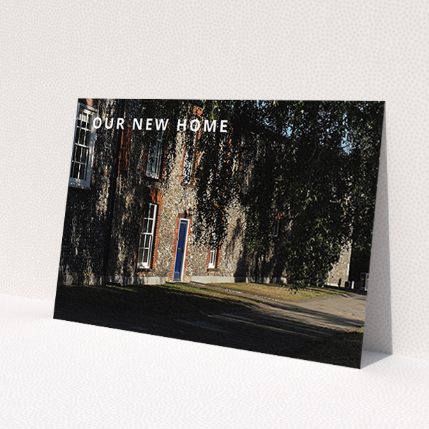A change of address card design called 'Big and Bold'. It is an A6 card in a landscape orientation. It is a photographic change of address card with room for 1 photo. 'Big and Bold' is available as a flat card, with mainly white colouring.