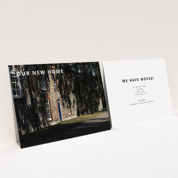 A change of address card design called "Big and Bold". It is an A6 card in a landscape orientation. It is a photographic change of address card with room for 1 photo. "Big and Bold" is available as a flat card, with mainly white colouring.