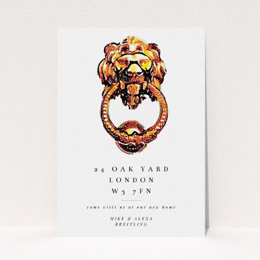 A change of address card design called "Brass Knocker". It is an A5 card in a portrait orientation. "Brass Knocker" is available as a flat card, with tones of gold and white.