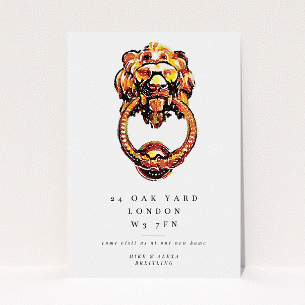 A change of address card design called "Brass Knocker". It is an A5 card in a portrait orientation. "Brass Knocker" is available as a flat card, with tones of gold and white.