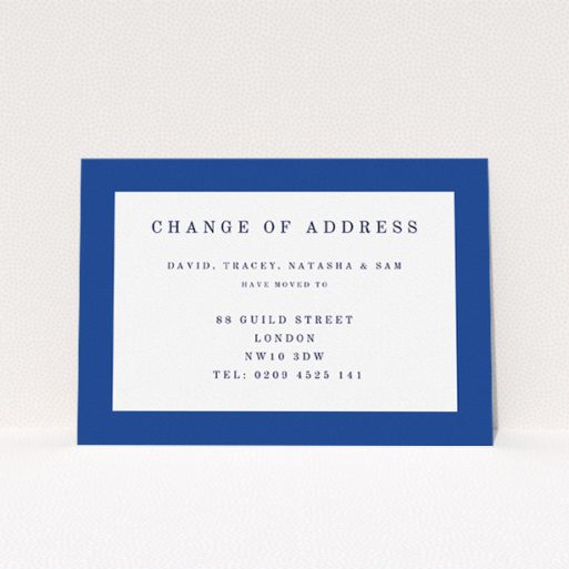 A change of address card template titled "Broader Border Impact". It is an A5 card in a landscape orientation. "Broader Border Impact" is available as a flat card, with tones of blue and white.