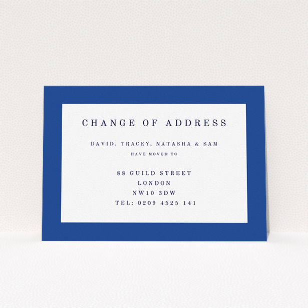 A change of address card template titled "Broader Border Impact". It is an A5 card in a landscape orientation. "Broader Border Impact" is available as a flat card, with tones of blue and white.