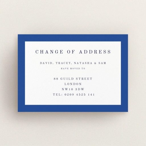 Change Of Address Card Design - "Broader Border Impact" A change of address card design titled "Broader Border Impact". It is an A6 card in a landscape orientation. "Broader Border Impact" is available as a flat card, with tones of blue and white.