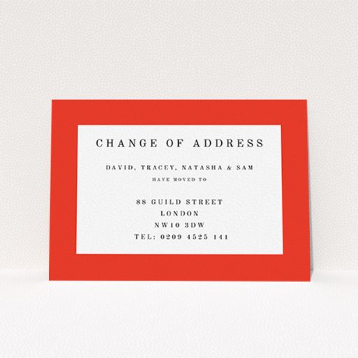 A change of address card named "Broader Border Impact". It is an A6 card in a landscape orientation. "Broader Border Impact" is available as a flat card, with tones of red and white.