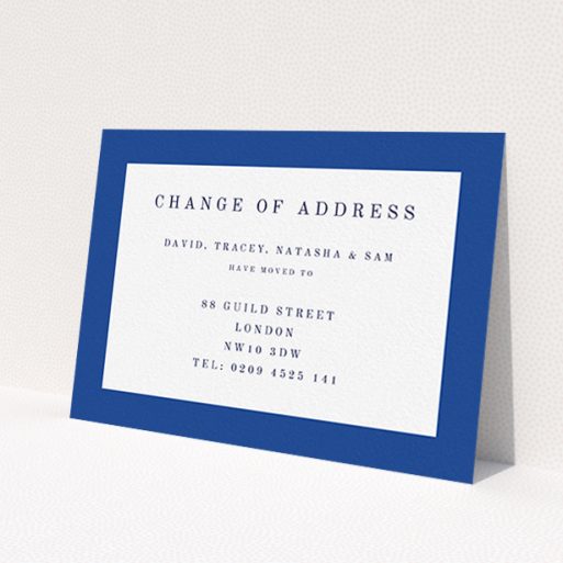 A change of address card design titled 'Broader Border Impact'. It is an A6 card in a landscape orientation. 'Broader Border Impact' is available as a flat card, with tones of blue and white.