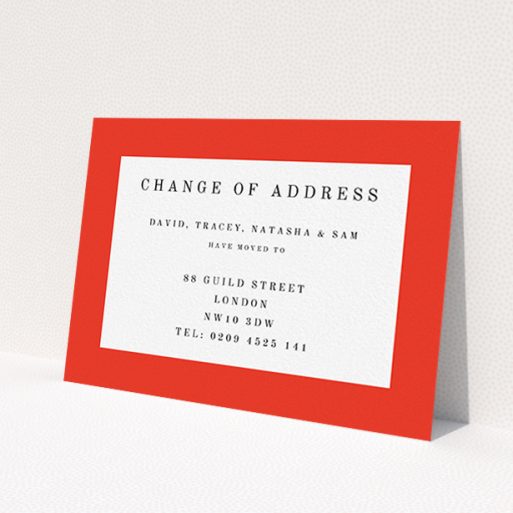 A change of address card named 'Broader Border Impact'. It is an A6 card in a landscape orientation. 'Broader Border Impact' is available as a flat card, with tones of red and white.
