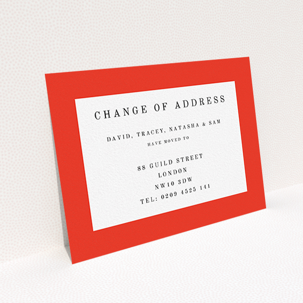 A change of address card named "Broader Border Impact". It is an A6 card in a landscape orientation. "Broader Border Impact" is available as a flat card, with tones of red and white.