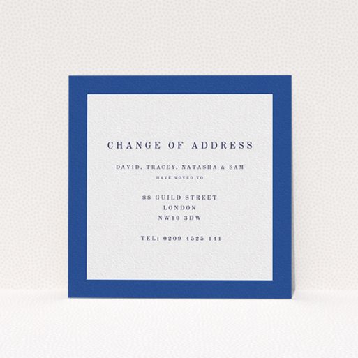 A change of address card design called "Broader Border Impact". It is a square (148mm x 148mm) card in a square orientation. "Broader Border Impact" is available as a flat card, with tones of blue and white.