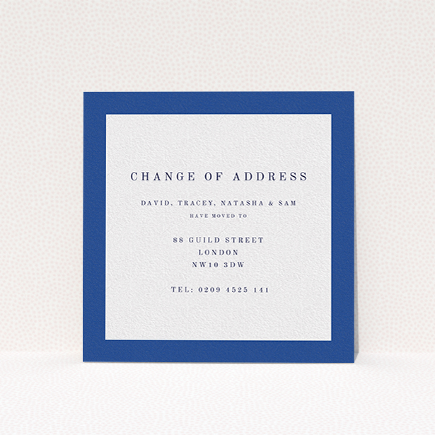 A change of address card design called "Broader Border Impact". It is a square (148mm x 148mm) card in a square orientation. "Broader Border Impact" is available as a flat card, with tones of blue and white.