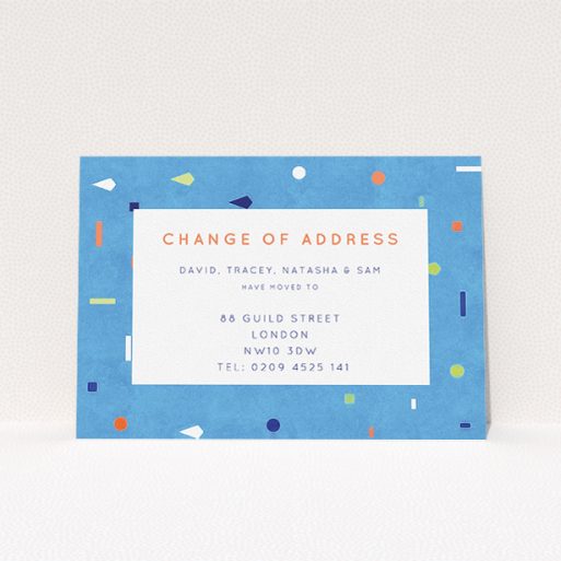 A change of address card template titled "Capri". It is an A5 card in a landscape orientation. "Capri" is available as a flat card, with tones of light blue and orange.