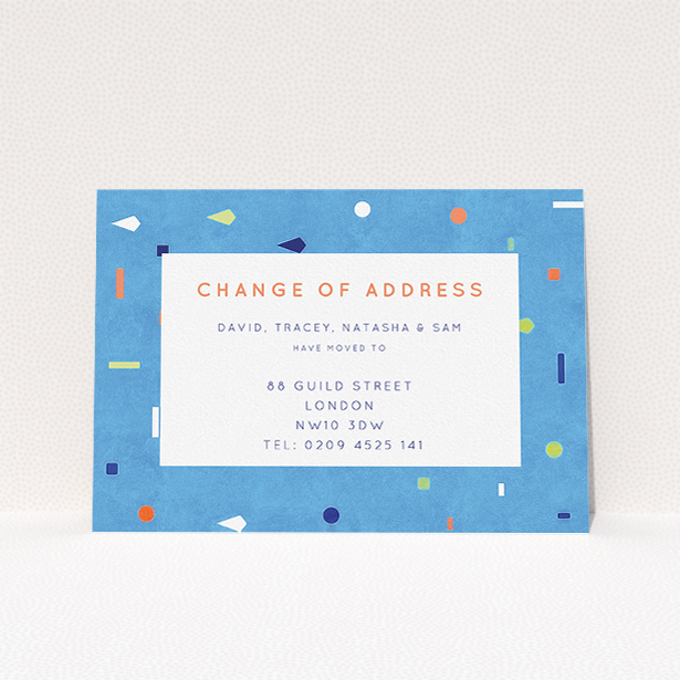 A change of address card template titled "Capri". It is an A5 card in a landscape orientation. "Capri" is available as a flat card, with tones of light blue and orange.