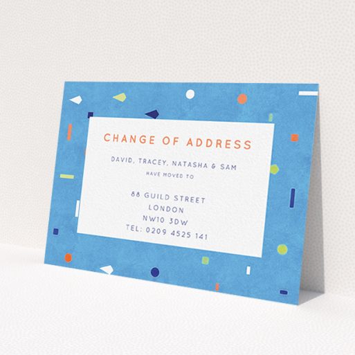 A change of address card design titled 'Capri'. It is an A6 card in a landscape orientation. 'Capri' is available as a flat card, with tones of light blue and orange.